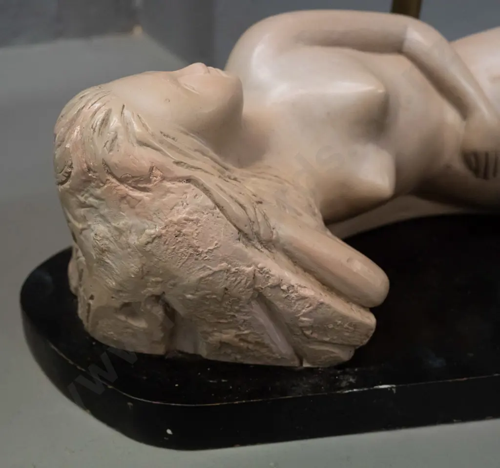 vintage reclining painted plaster mermaid on black finished wood base, brass upright to fitting - paint touch ups and Image 1++