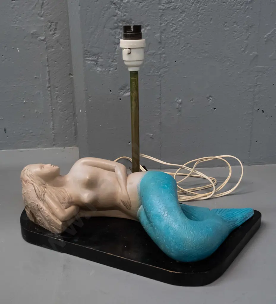 vintage reclining painted plaster mermaid on black finished wood base, brass upright to fitting - paint touch ups and Image 1++