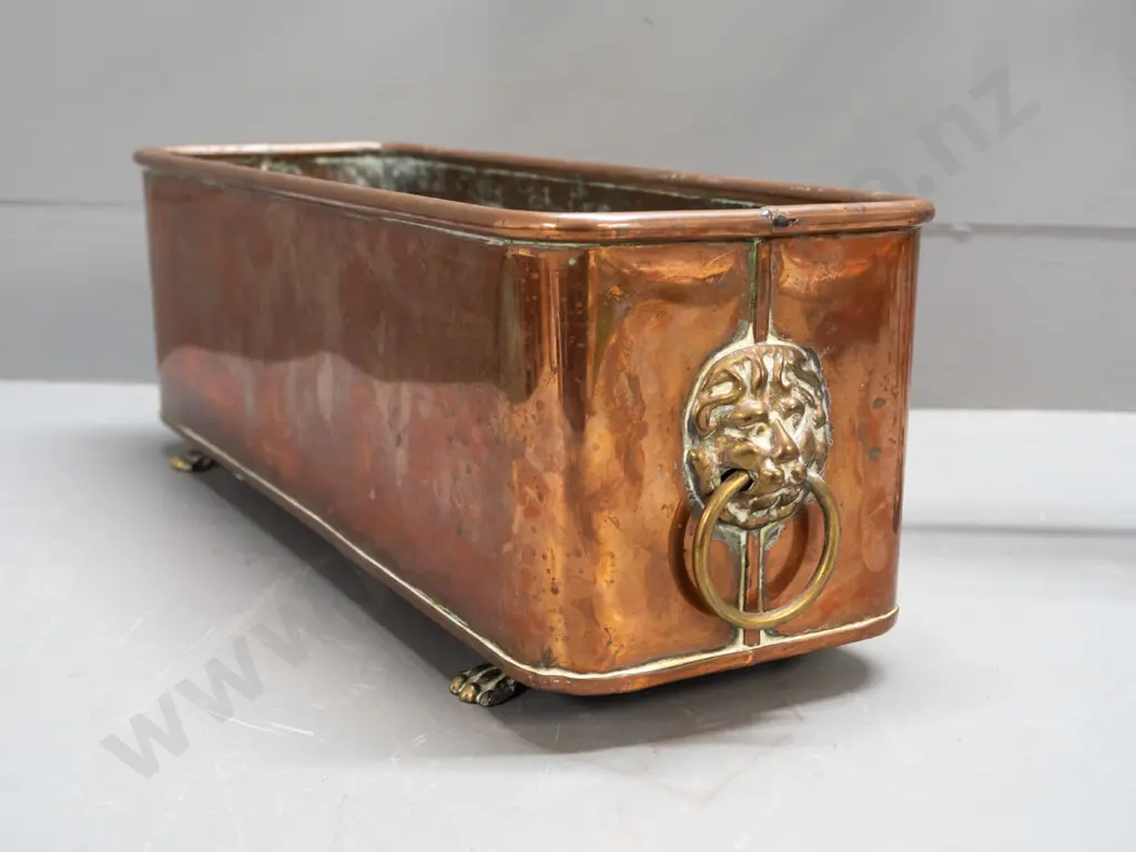 copper planter trough with brass lion's head ring handles and lion's paw feet - marked Hand Made - Made in England - Image 1++