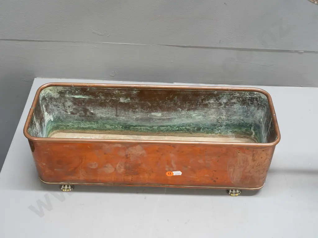 copper planter trough with brass lion's head ring handles and lion's paw feet - marked Hand Made - Made in England - Image 1++