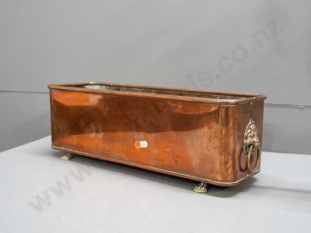 copper planter trough with brass lion's head ring handles and lion's paw feet - marked Hand Made - Made in England - Image 1++