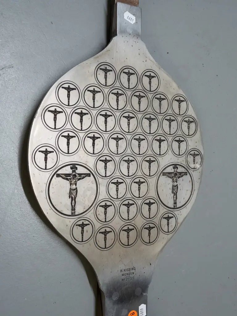 heavy brass and steel communion host press with engraved plate, timber handle, marked H. Kissing Menden. L-750 Image 1++