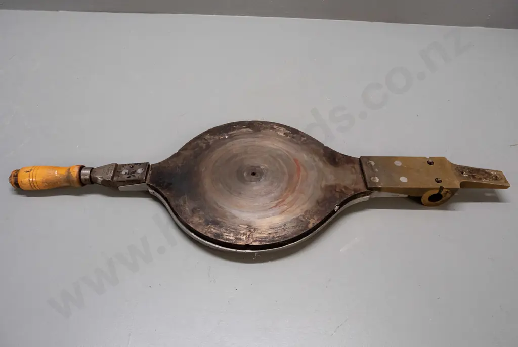 heavy brass and steel communion host press with engraved plate, timber handle, marked H. Kissing Menden. L-750 Image 1++