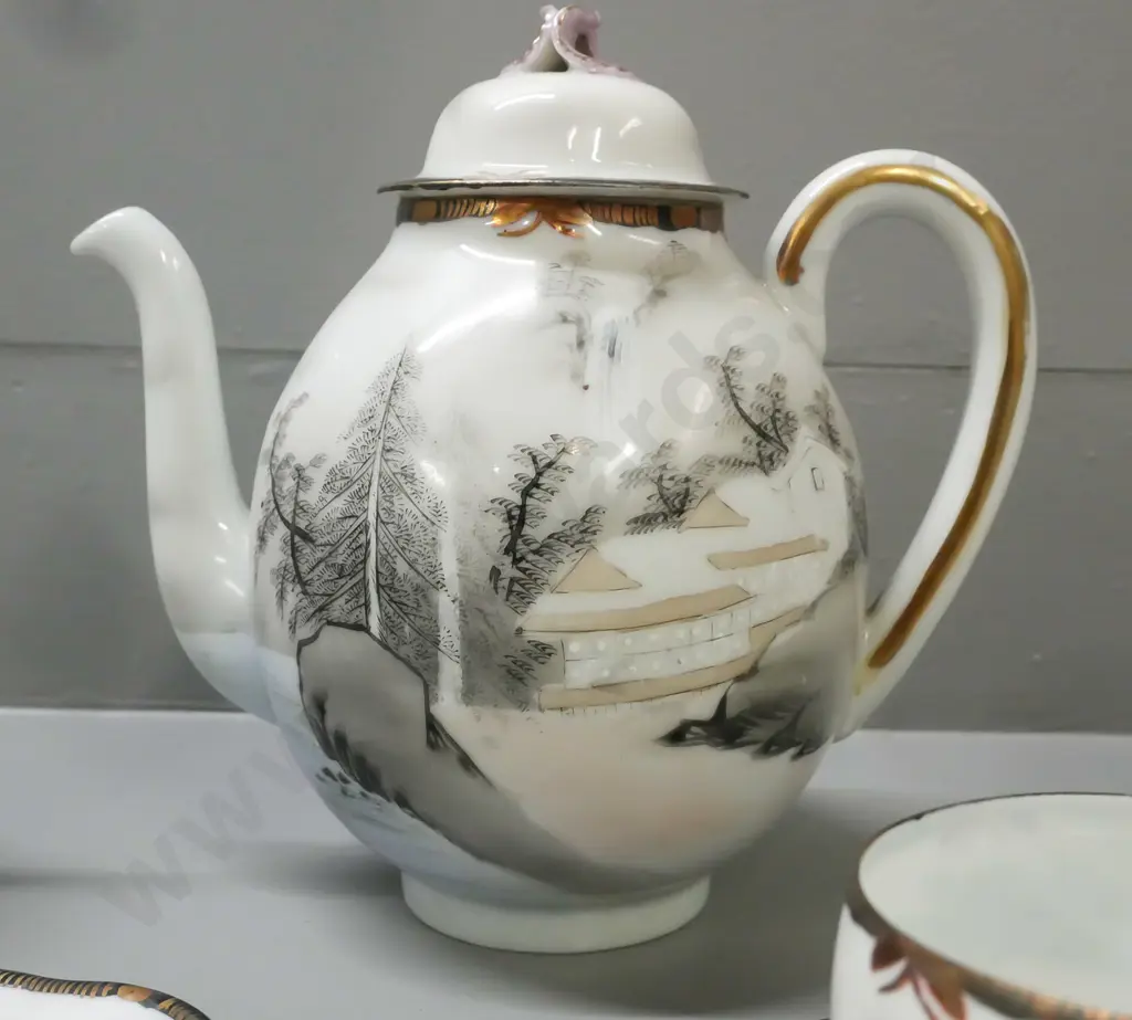 Japanese tea set: tea pot, water jug and bowl, 3x plates & teacups. Depicting scenes of pines waterfall & building Image 1++