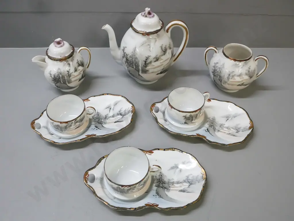 Japanese tea set: tea pot, water jug and bowl, 3x plates & teacups. Depicting scenes of pines waterfall & building Image 1++