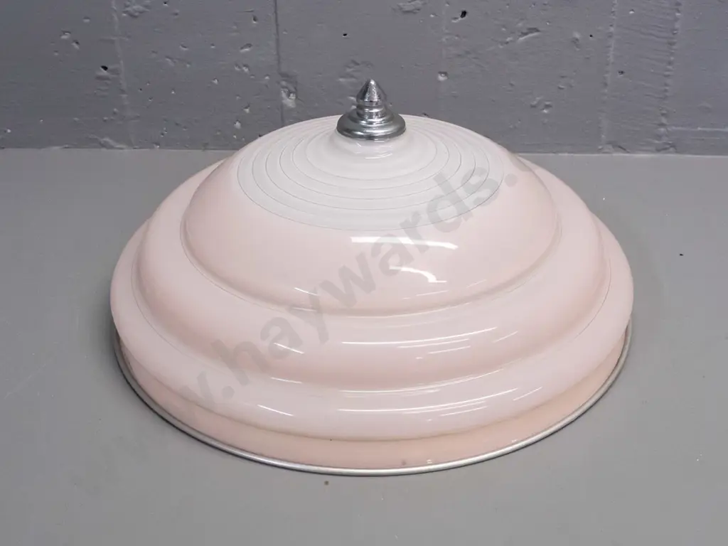 retro round ribbed and stepped pink and white glass ceiling light fitting with fine silver pinstriping, alloy double Image 1++