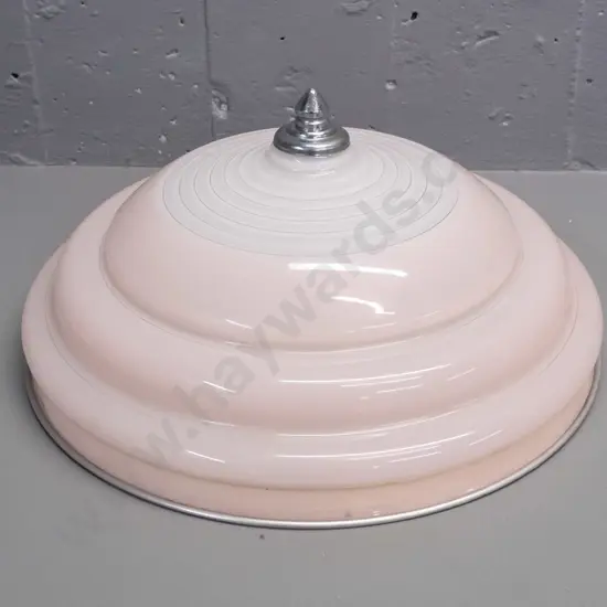 retro round ribbed and stepped pink and white glass ceiling light fitting with fine silver pinstriping, alloy double