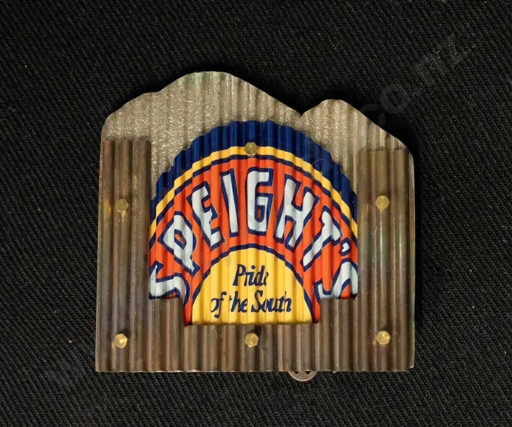 Speights brooch by George (Sweet?) made from recycled metal - in glazed display frame with hinged front. Brooch H60 W60 Image 1++