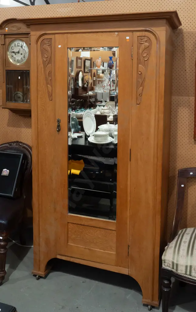 vintage art nouveau style single door wardrobe with hooks and hanger rail, bevelled edge mirror and foliate carved Image 1++
