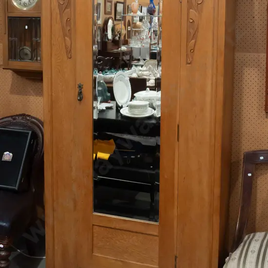 vintage art nouveau style single door wardrobe with hooks and hanger rail, bevelled edge mirror and foliate carved