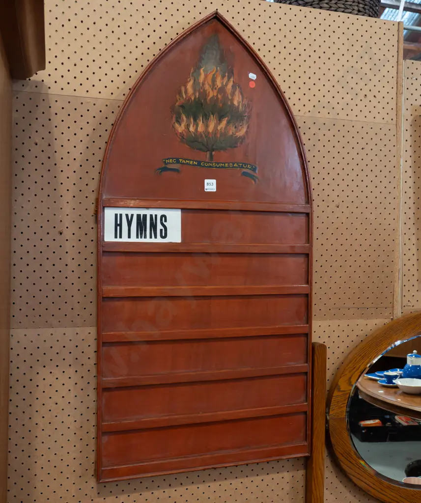 vintage rimu church hymn board with hand painted burning bush and "Nec tamen consumebatur" motto, sets of Image 1++
