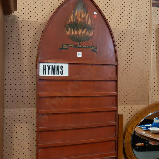 vintage rimu church hymn board with hand painted burning bush and "Nec tamen consumebatur" motto, sets of