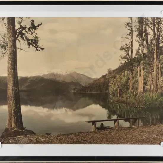 vintage hand coloured photograph - Lake Kaniere - some marks / scratches H-350 W-530