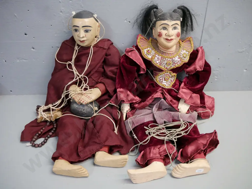 2x wooden marionette-style puppets (Tibetan?) monk & female figure, heads/hands/feet painted timber, stringing tangled Image 1++
