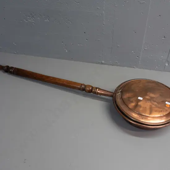 vintage bed warmer with copper pan, turned wood handle, remnants of pattern on lid - denting, corrosion inside, handle a