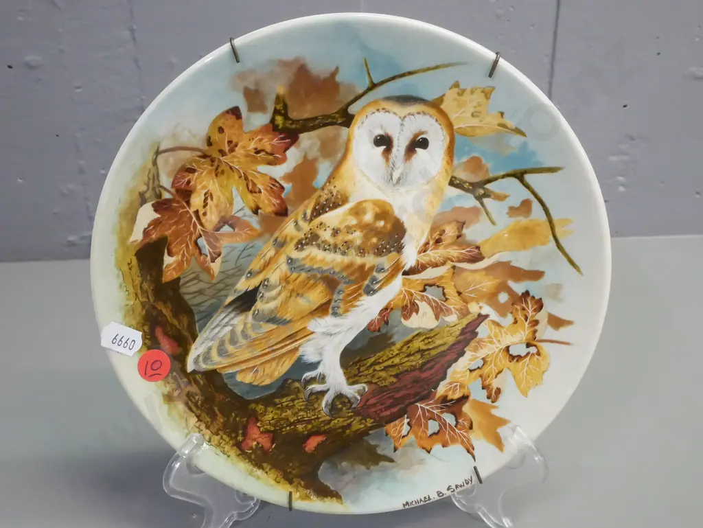 2x wall plates Coal Port depicting owls: Barn Owl & Long-eared Owl, designer Michael B Sawdy. Wire wall-hanging Image 1++