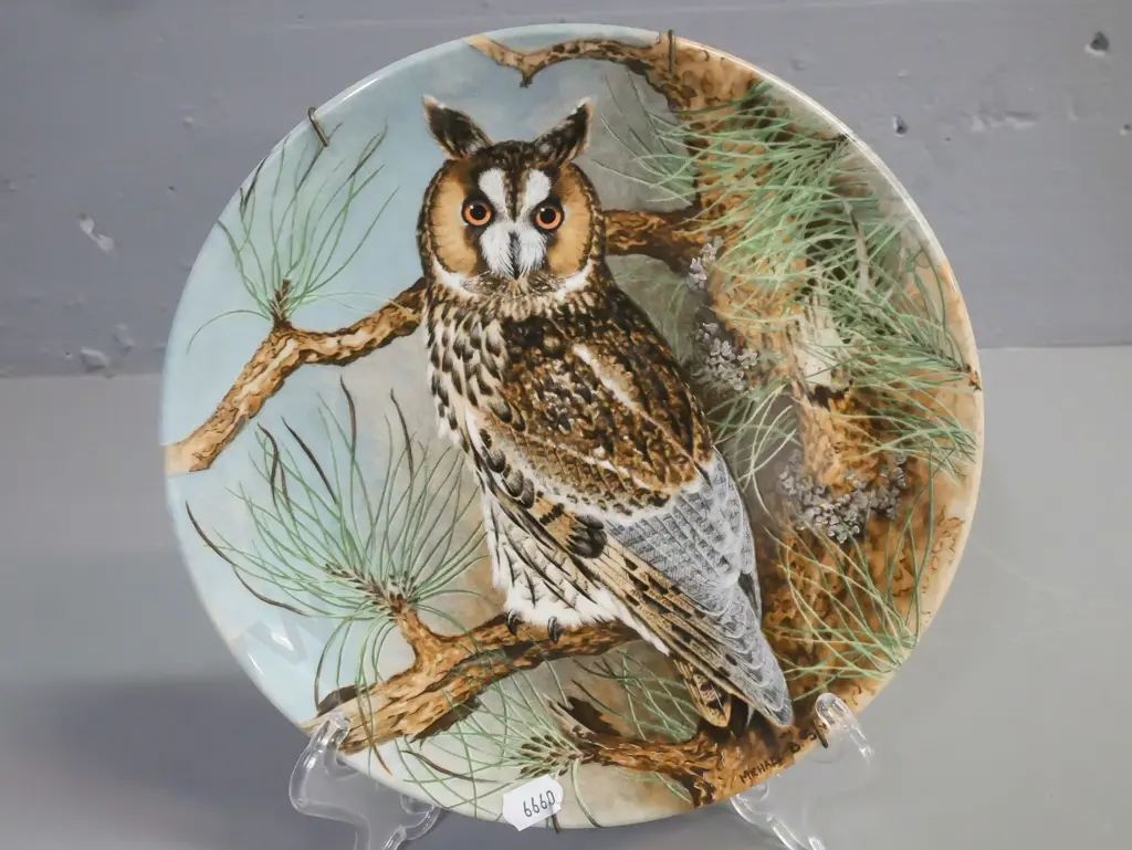 2x wall plates Coal Port depicting owls: Barn Owl & Long-eared Owl, designer Michael B Sawdy. Wire wall-hanging Image 1++