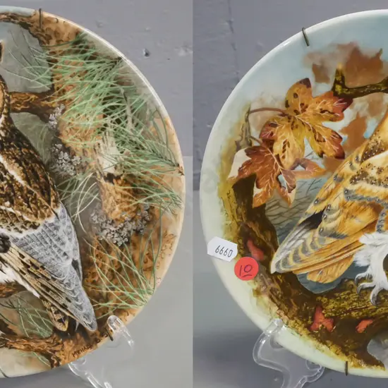 2x wall plates Coal Port depicting owls: Barn Owl & Long-eared Owl, designer Michael B Sawdy. Wire wall-hanging