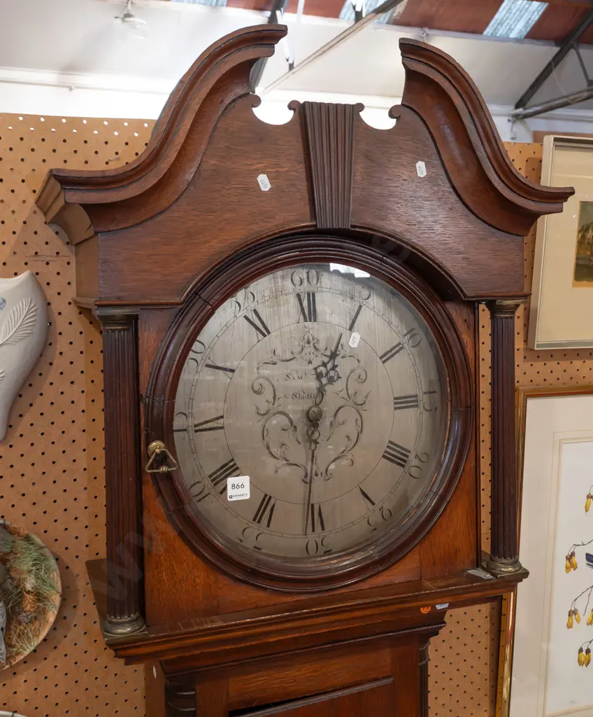 antique oak long-cased clock circa 1790 - marked Samuel Hill Sheffield - silvered dial, fluted pilasters, swan neck Image 1++