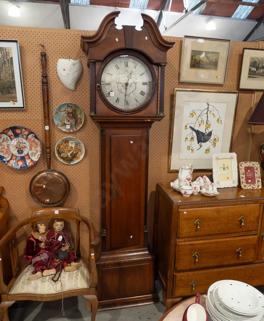 antique oak long-cased clock circa 1790 - marked Samuel Hill Sheffield - silvered dial, fluted pilasters, swan neck Image 1++