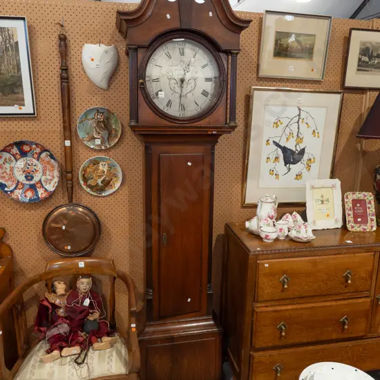 antique oak long-cased clock circa 1790 - marked Samuel Hill Sheffield - silvered dial, fluted pilasters, swan neck