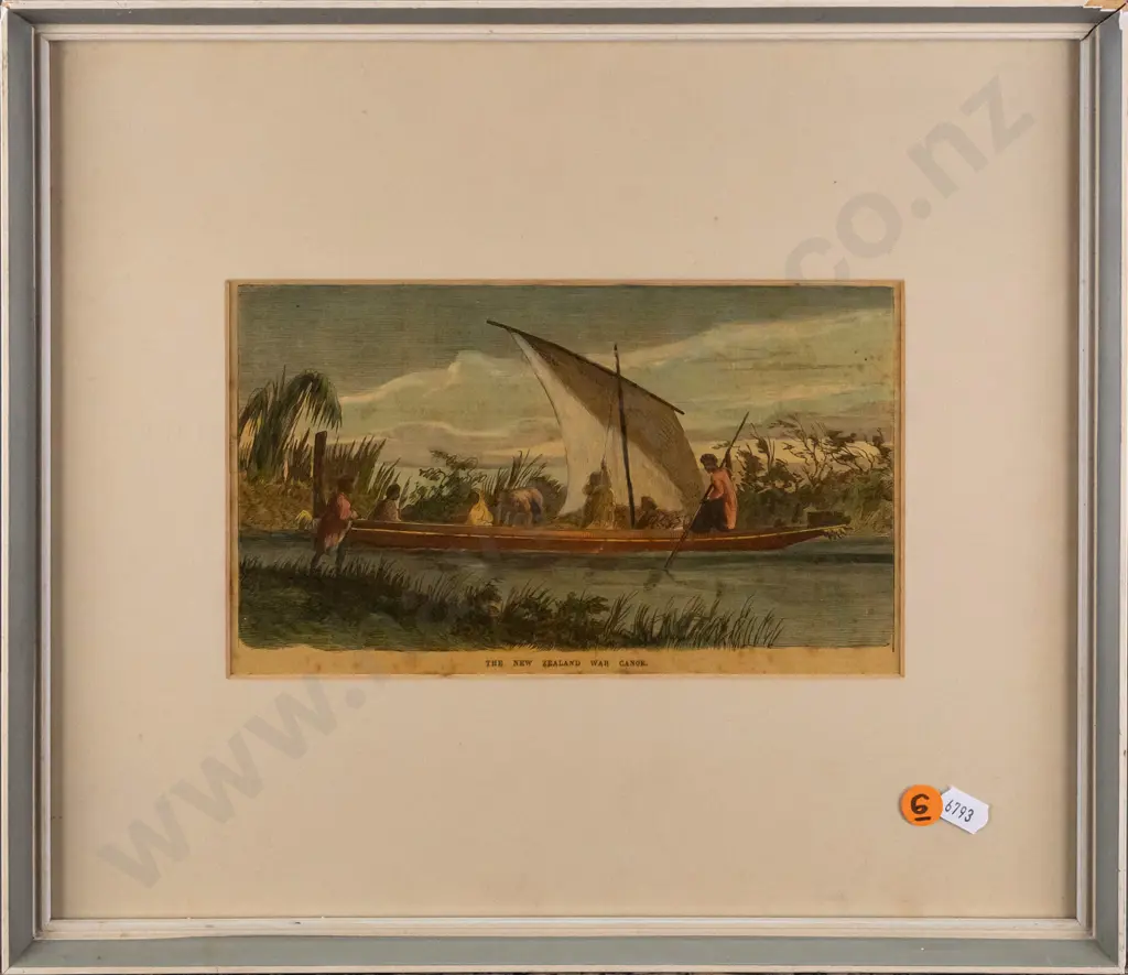 framed hand-coloured engraving "A New Zealand War Canoe" H-130 W-225 [mitre disjoin/loss to frame upper right corner, Image 1++