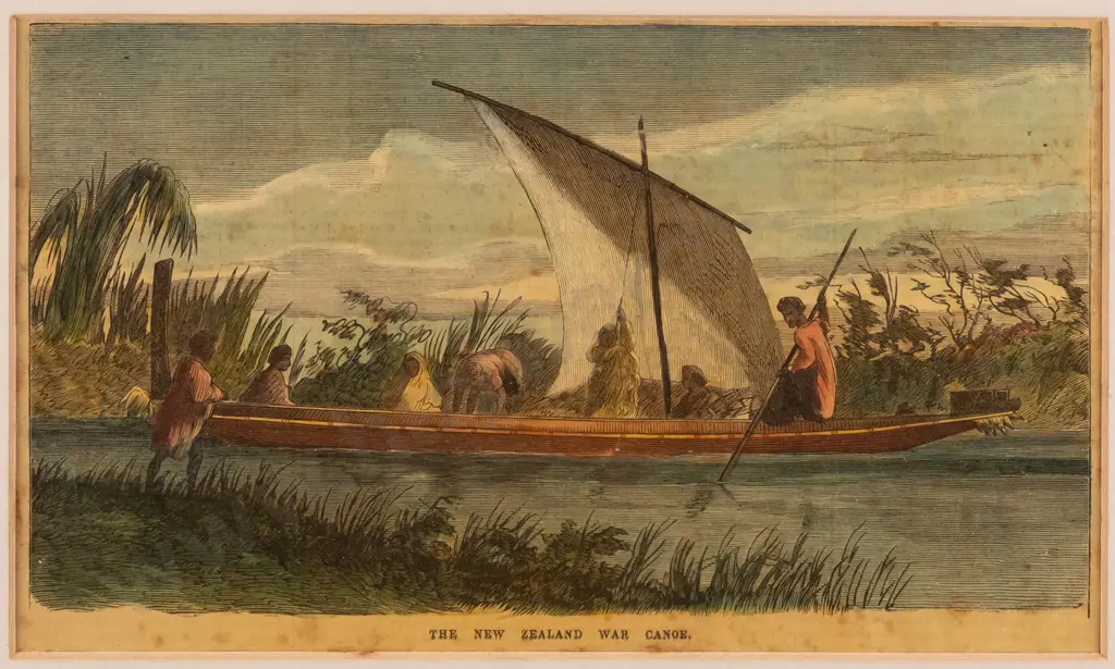 framed hand-coloured engraving "A New Zealand War Canoe" H-130 W-225 [mitre disjoin/loss to frame upper right corner, Image 1++