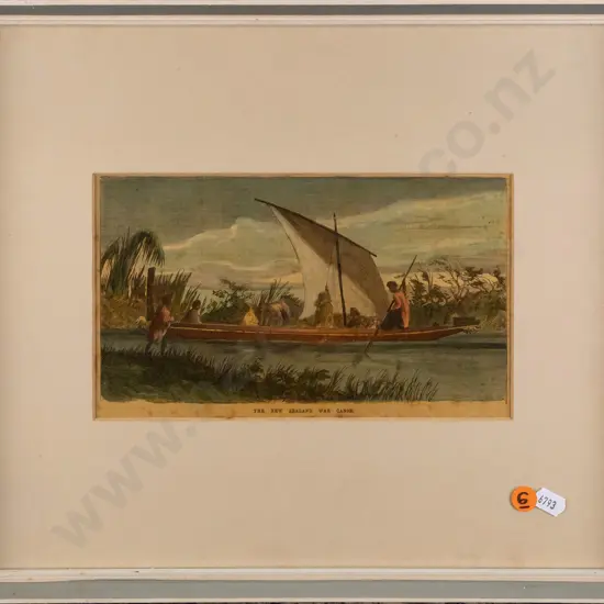 framed hand-coloured engraving "A New Zealand War Canoe" H-130 W-225 [mitre disjoin/loss to frame upper right corner,