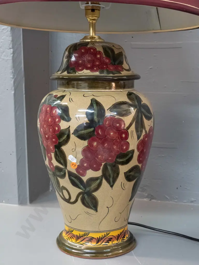 Mexican pottery table lamp hand-painted grapes pattern speckled glaze w/ fabric shade H-760 base D-240[light fitting Image 1++