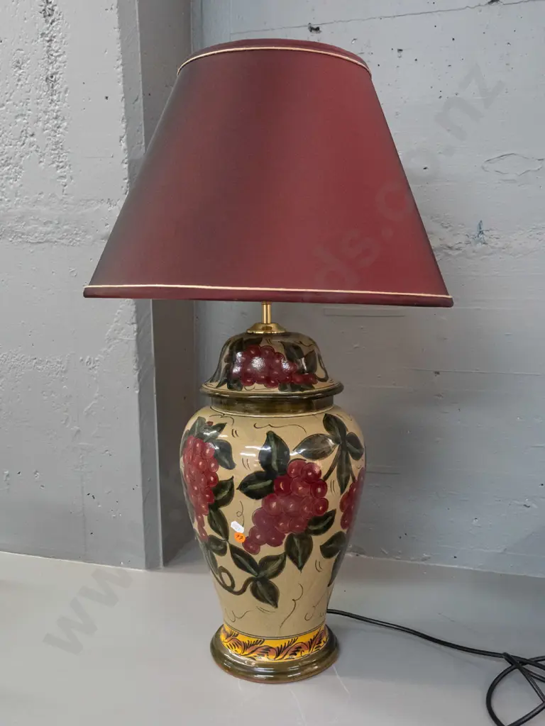 Mexican pottery table lamp hand-painted grapes pattern speckled glaze w/ fabric shade H-760 base D-240[light fitting Image 1++