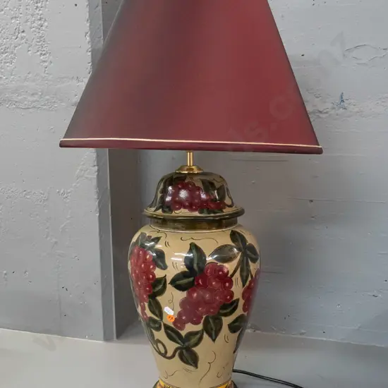 Mexican pottery table lamp hand-painted grapes pattern speckled glaze w/ fabric shade H-760 base D-240[light fitting