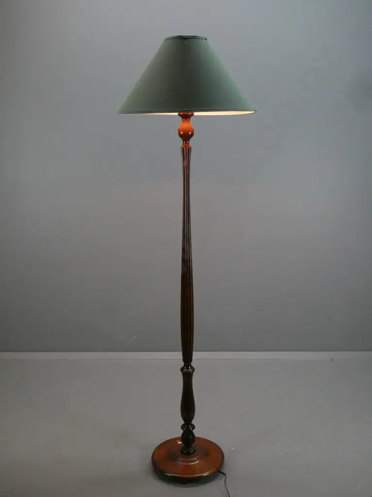 vintage mixed timber standard lamp with turned and fluted beech column on mahogany circular stepped on 4 small ball feet Image 1++