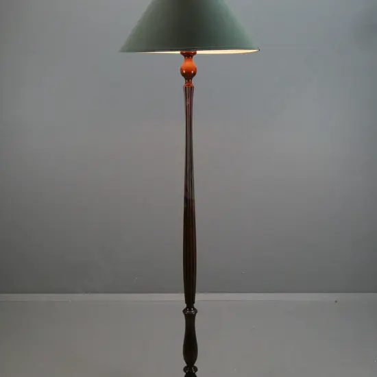 vintage mixed timber standard lamp with turned and fluted beech column on mahogany circular stepped on 4 small ball feet