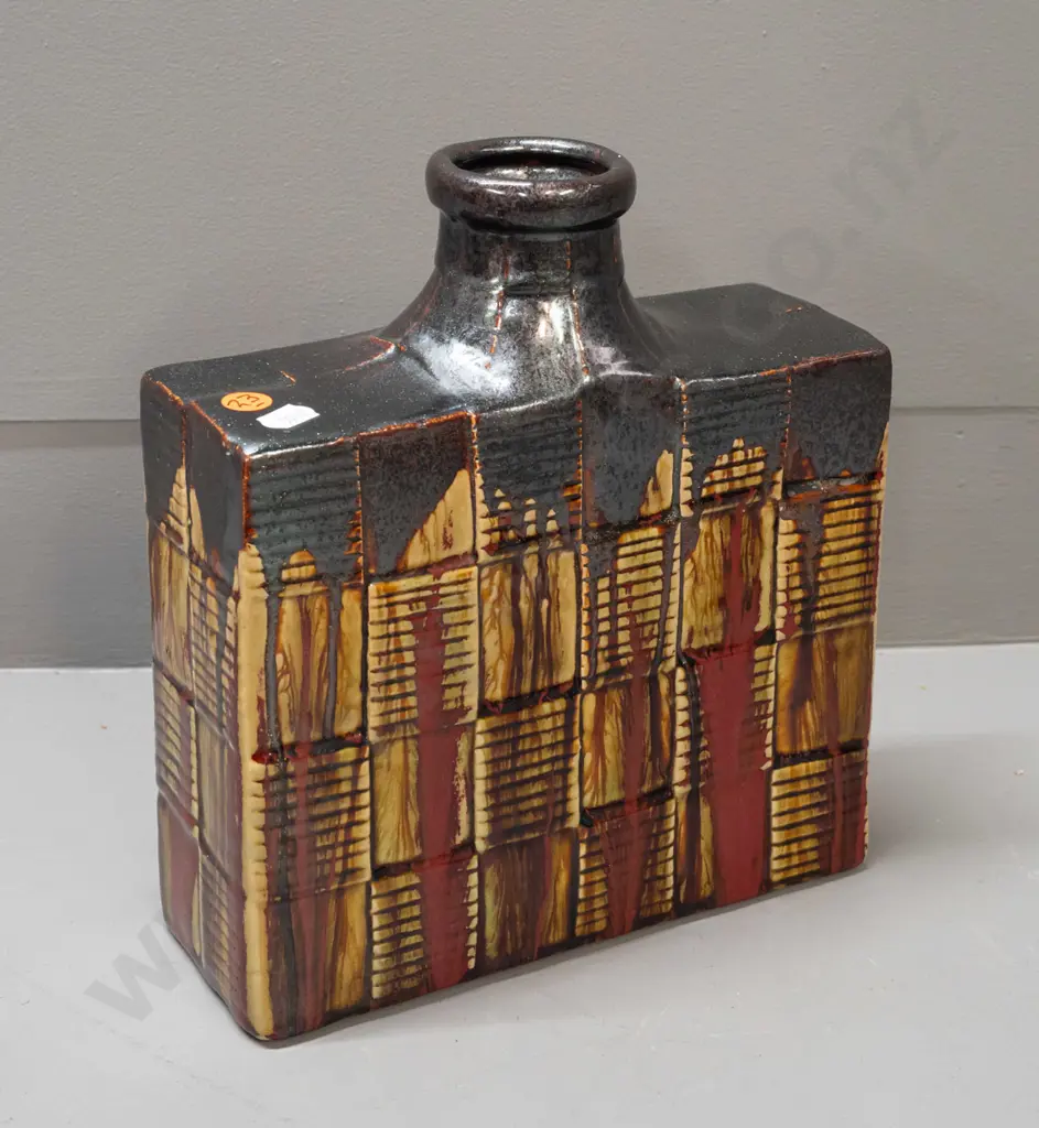 New Zealand studio pottery slab bottle vase - drip glaze tile pattern - no maker's mark, number 34 impressed in base Image 1++