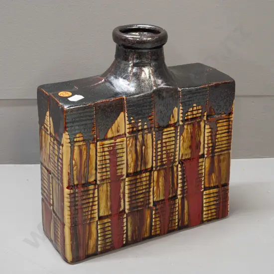 New Zealand studio pottery slab bottle vase - drip glaze tile pattern - no maker's mark, number 34 impressed in base