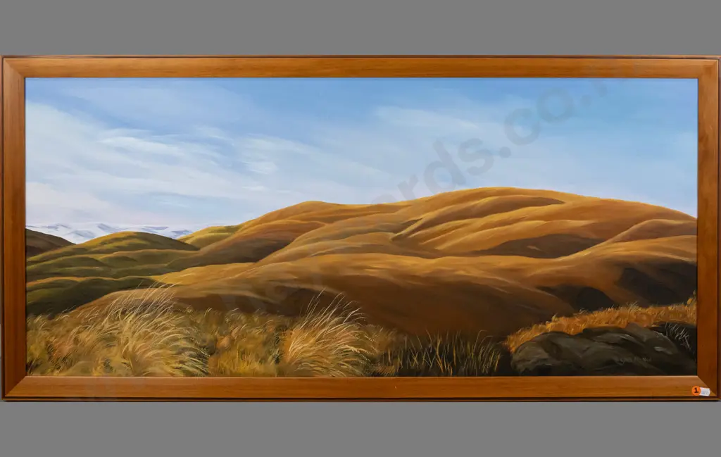 Gail McNeil -- framed oil on board, central Otago landscape H-440 W-985 Image 1++