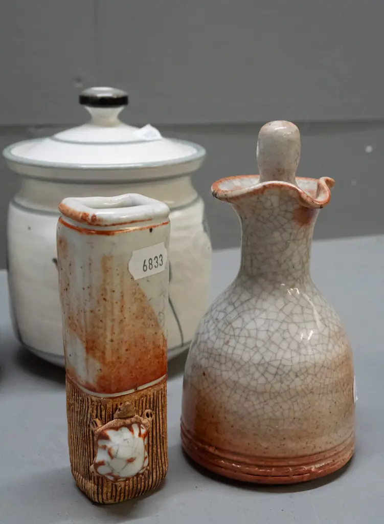 5 pieces of New Zealand studio pottery - 3 pieces of Shino glaze - Ross Richards basket, small vase with applied turtle Image 1++