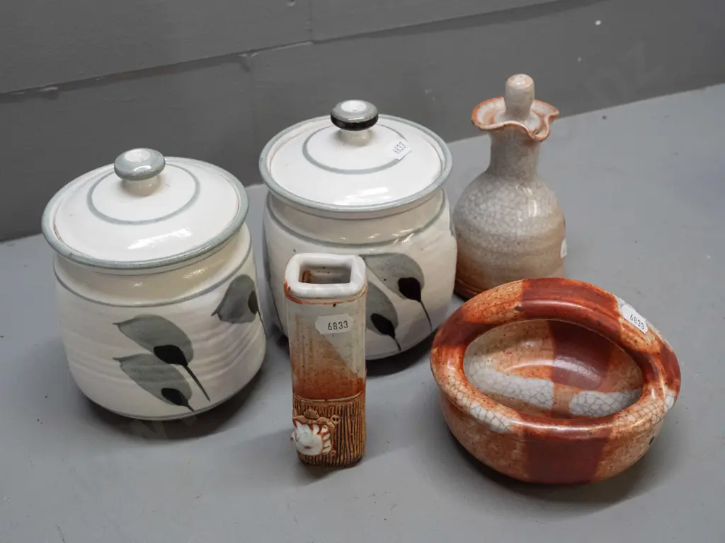 5 pieces of New Zealand studio pottery - 3 pieces of Shino glaze - Ross Richards basket, small vase with applied turtle Image 1++