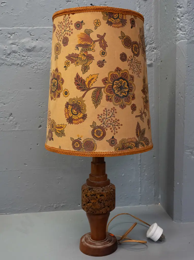 retro table lamp with turned mahogany base, band of applied cork, stepped column to fitting - some staining to fabric Image 1++