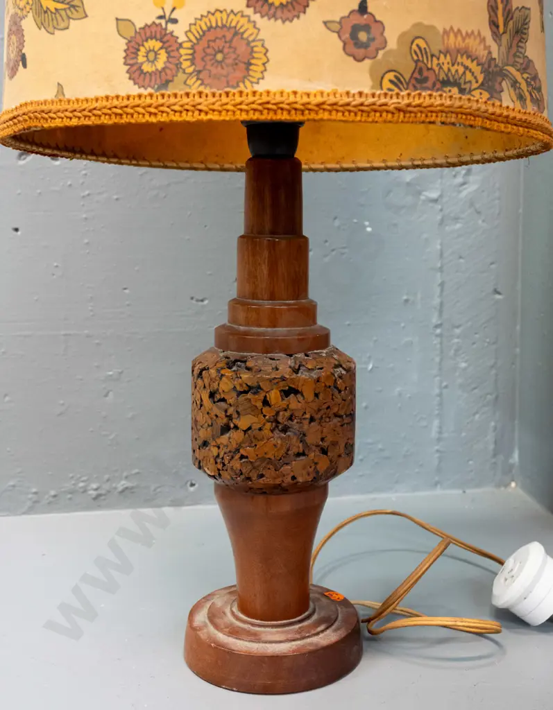 retro table lamp with turned mahogany base, band of applied cork, stepped column to fitting - some staining to fabric Image 1++