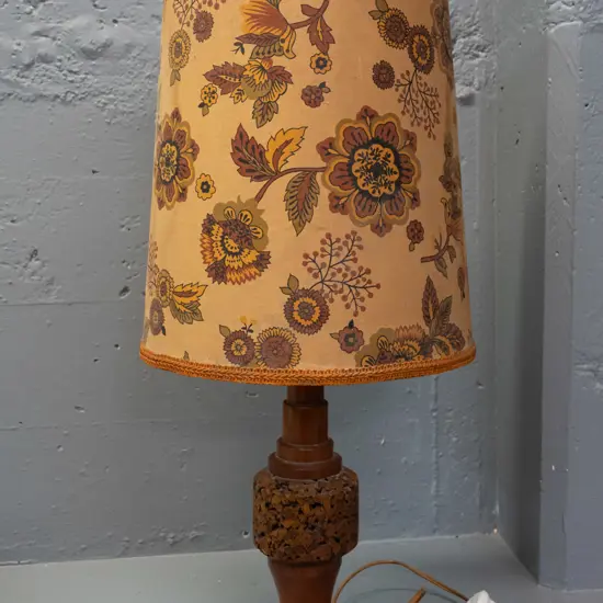 retro table lamp with turned mahogany base, band of applied cork, stepped column to fitting - some staining to fabric