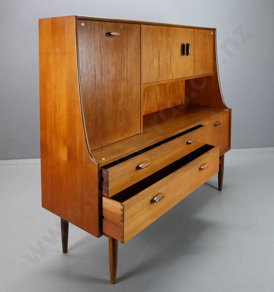 G Plan mid-century teak sideboard / cocktail cabinet with 2 drawers, 2 drop down cupboards, 2 cupboard doors, all with Image 1++
