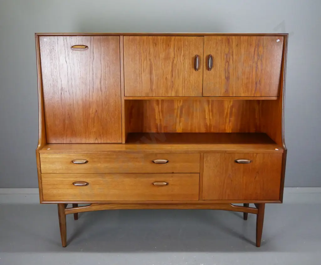 G Plan mid-century teak sideboard / cocktail cabinet with 2 drawers, 2 drop down cupboards, 2 cupboard doors, all with Image 1++