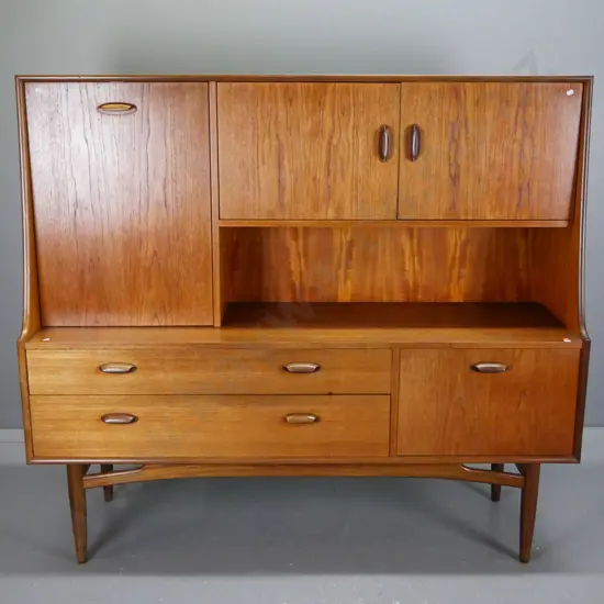 G Plan mid-century teak sideboard / cocktail cabinet with 2 drawers, 2 drop down cupboards, 2 cupboard doors, all with