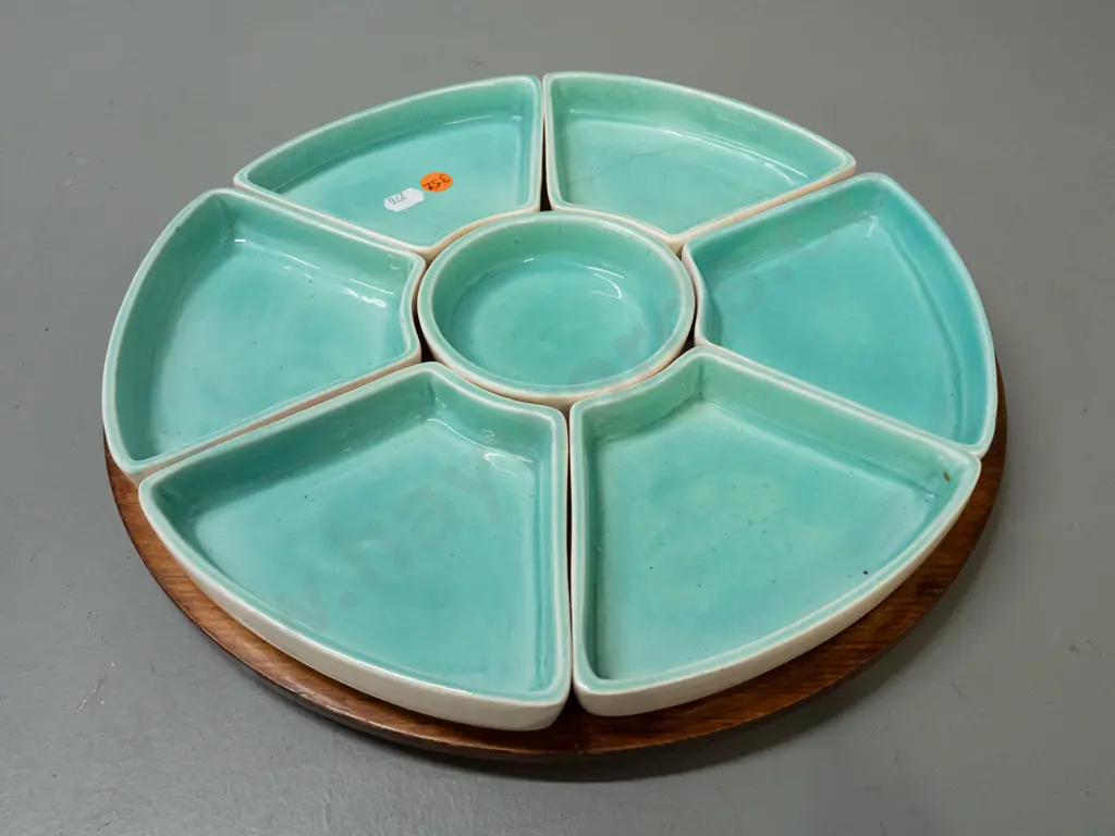 O.C. Stephens pottery serving dish centrepiece with 1 centre and 6 outer segments, all marked and numbered, on a rimu Image 1++