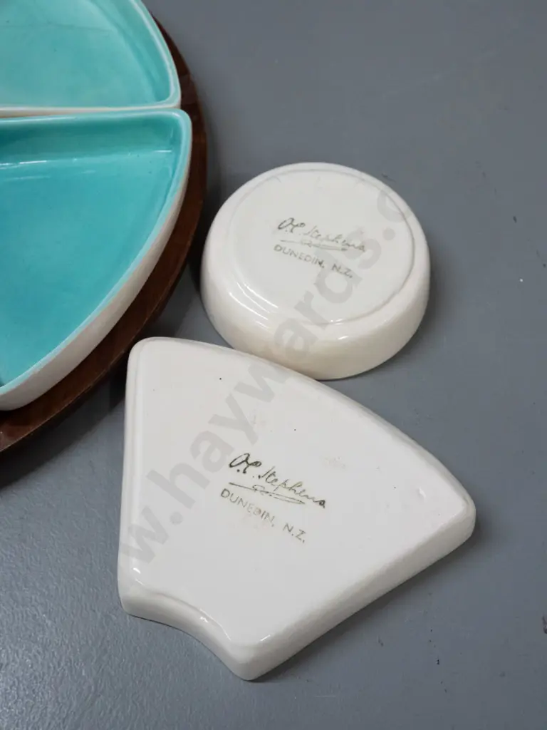 O.C. Stephens pottery serving dish centrepiece with 1 centre and 6 outer segments, all marked and numbered, on a rimu Image 1++