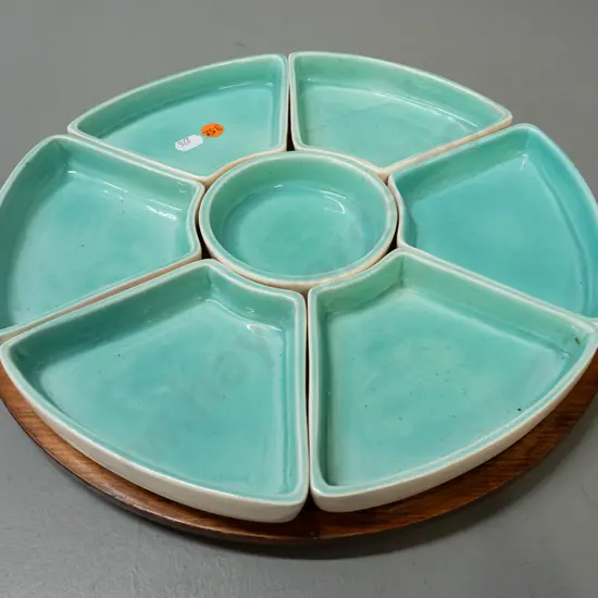 O.C. Stephens pottery serving dish centrepiece with 1 centre and 6 outer segments, all marked and numbered, on a rimu