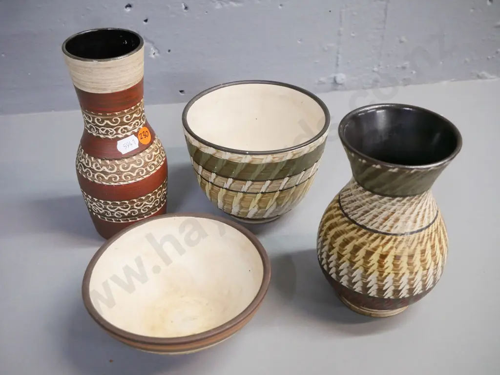 4 pieces German pottery: 2 small bowls & 2 small vases - staining to bowl interiors. Tallest H-170 Image 1++