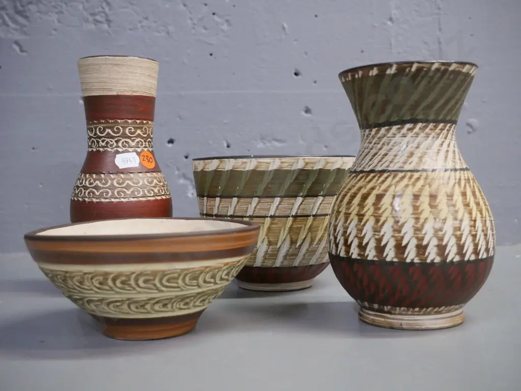4 pieces German pottery: 2 small bowls & 2 small vases - staining to bowl interiors. Tallest H-170 Image 1++