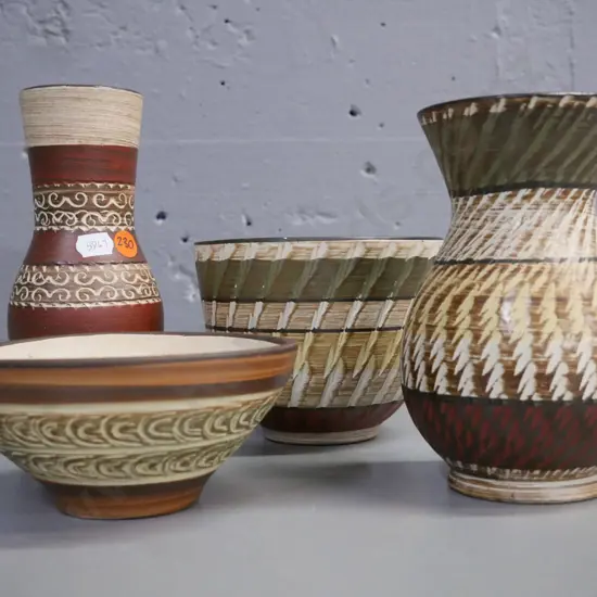 4 pieces German pottery: 2 small bowls & 2 small vases - staining to bowl interiors. Tallest H-170